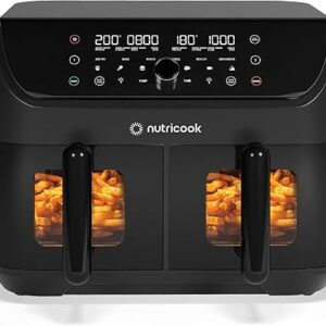 Nutricook Air Fryer Duo2Vision with Clear Window&Internal Light,8.5L Independently Controlled Dual Baskets,Air Fry,Bake, Roast,Broil,Reheat&Dehydrate,6 Presets,AFD185V,Black,2400 Watts,2 Year Warranty