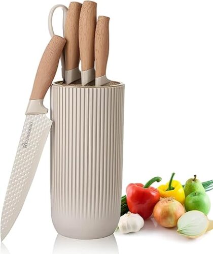 6-Piece Khaki Kitchen Knife Set with Universal Block – Sharp & Non-Stick