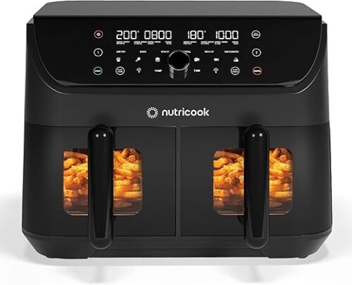 Nutricook Air Fryer Duo2Vision with Clear Window&Internal Light,8.5L Independently Controlled Dual Baskets,Air Fry,Bake, Roast,Broil,Reheat&Dehydrate,6 Presets,AFD185V,Black,2400 Watts,2 Year Warranty