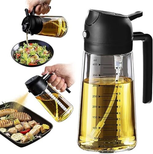 TrendPlain 16oz Olive Oil Dispenser Bottle for Kitchen – 2 in 1 Oil Dispenser and Oil Sprayer for Cooking, Air Fryer, Salad, 470ml Olive Oil Sprayer Black